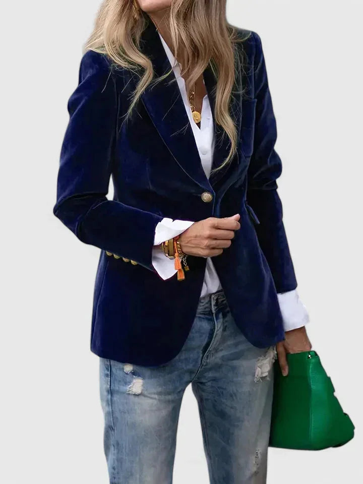 Women's velvet button-front notch lapel blazer with decorative cuff – Blue