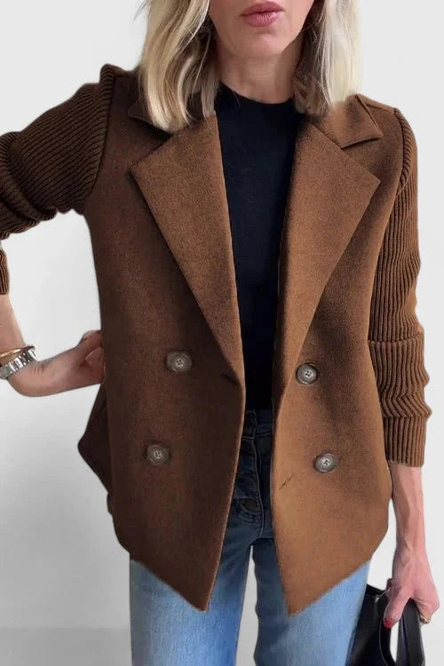 Women's double-breasted notch lapel blazer with ribbed knit sleeves – Dark Brown