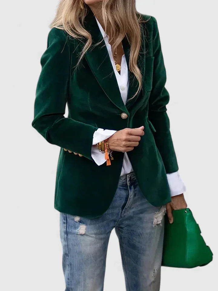 Women's velvet button-front notch lapel blazer with decorative cuff – Green