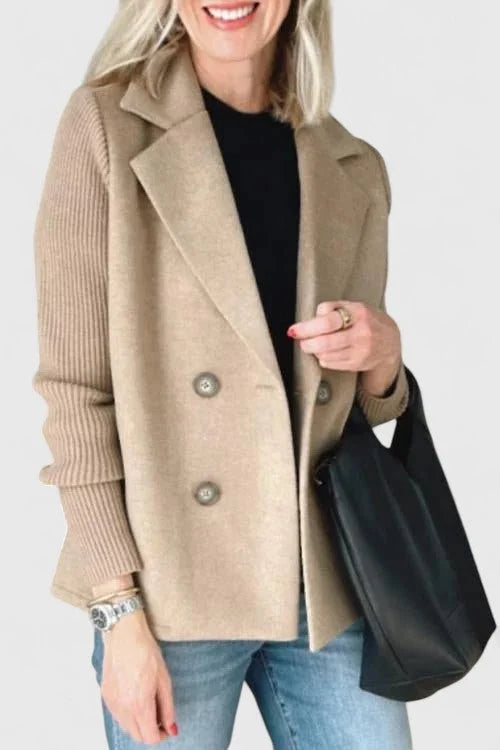 Women's double-breasted notch lapel blazer with ribbed knit sleeves – Khaki