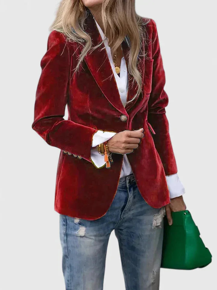 Women's velvet button-front notch lapel blazer with decorative cuff – Red