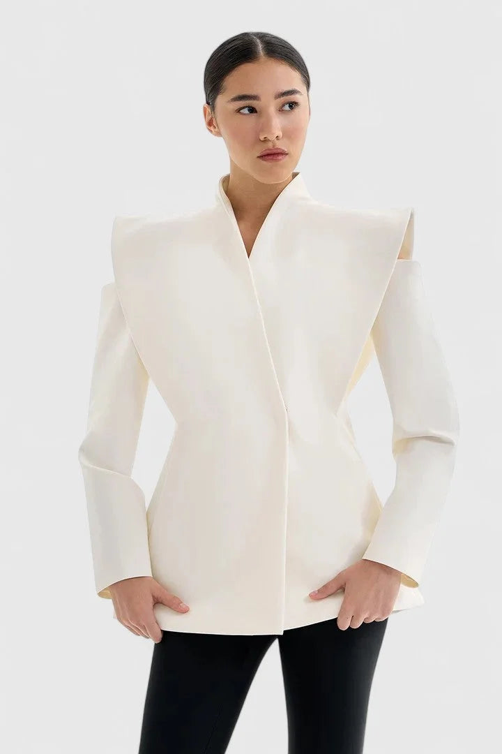Women's wrap stand collar blazer with exaggerated shoulder cut-outs – White