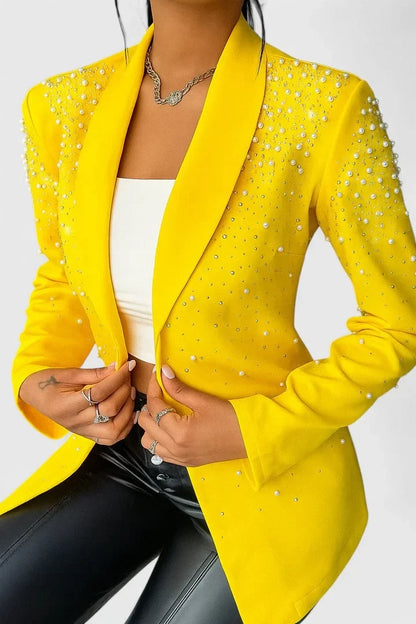 Women's open-front shawl collar blazer with beaded shoulders – Yellow