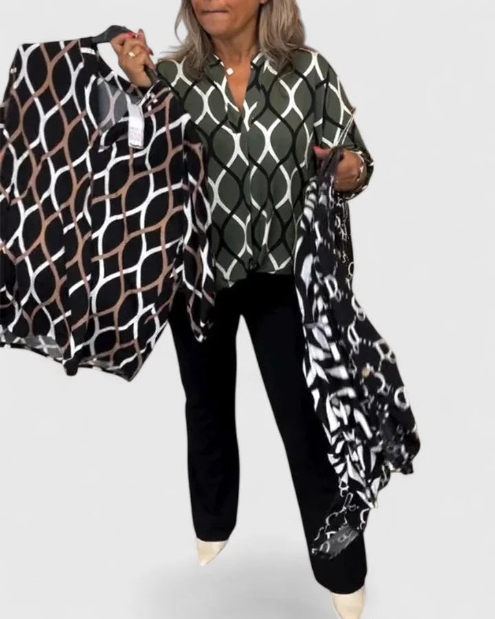 Women's V-neck blouse with roll-tab sleeves