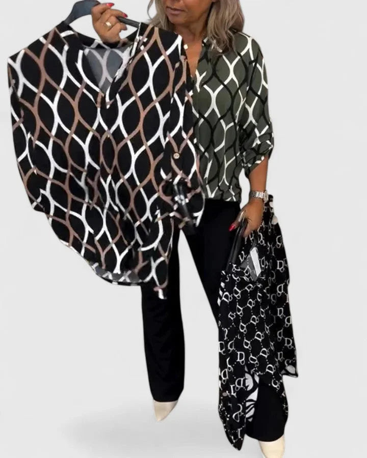Women's V-neck blouse with roll-tab sleeves