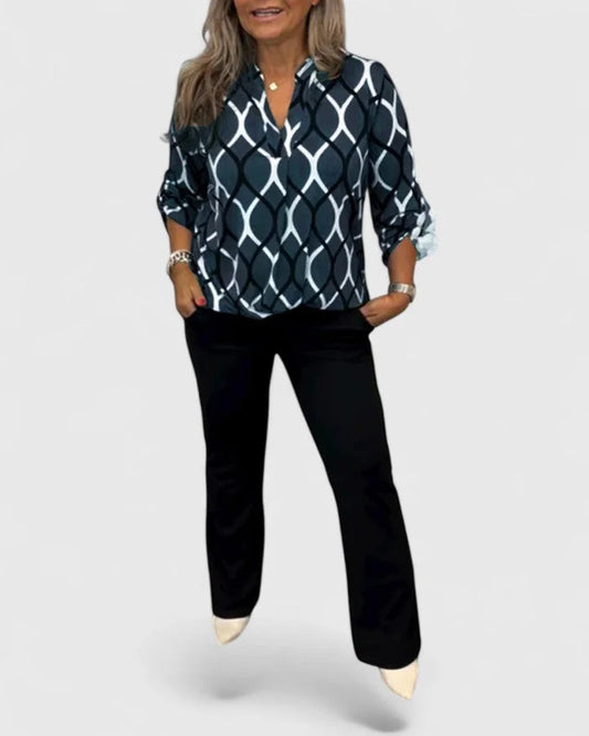 Women's V-neck blouse with roll-tab sleeves – Blue