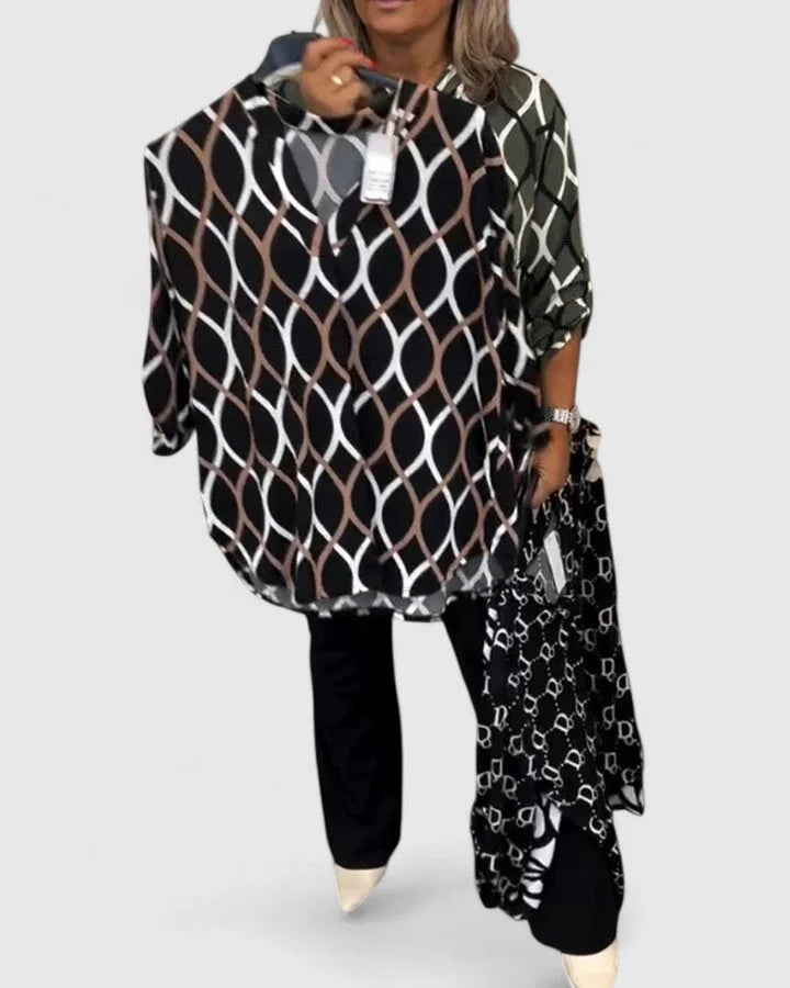Women's V-neck blouse with roll-tab sleeves – Brown