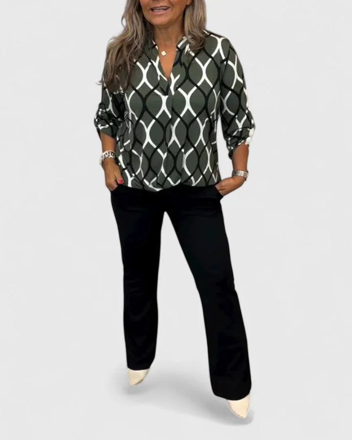 Women's V-neck blouse with roll-tab sleeves – Olive Green