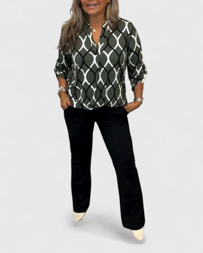 Women's V-neck blouse with roll-tab sleeves – Olive Green