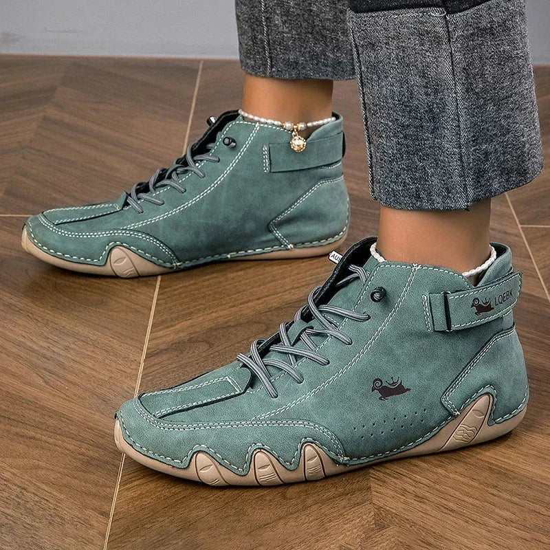 Women's suede lace-up ankle boots with wavy rubber sole