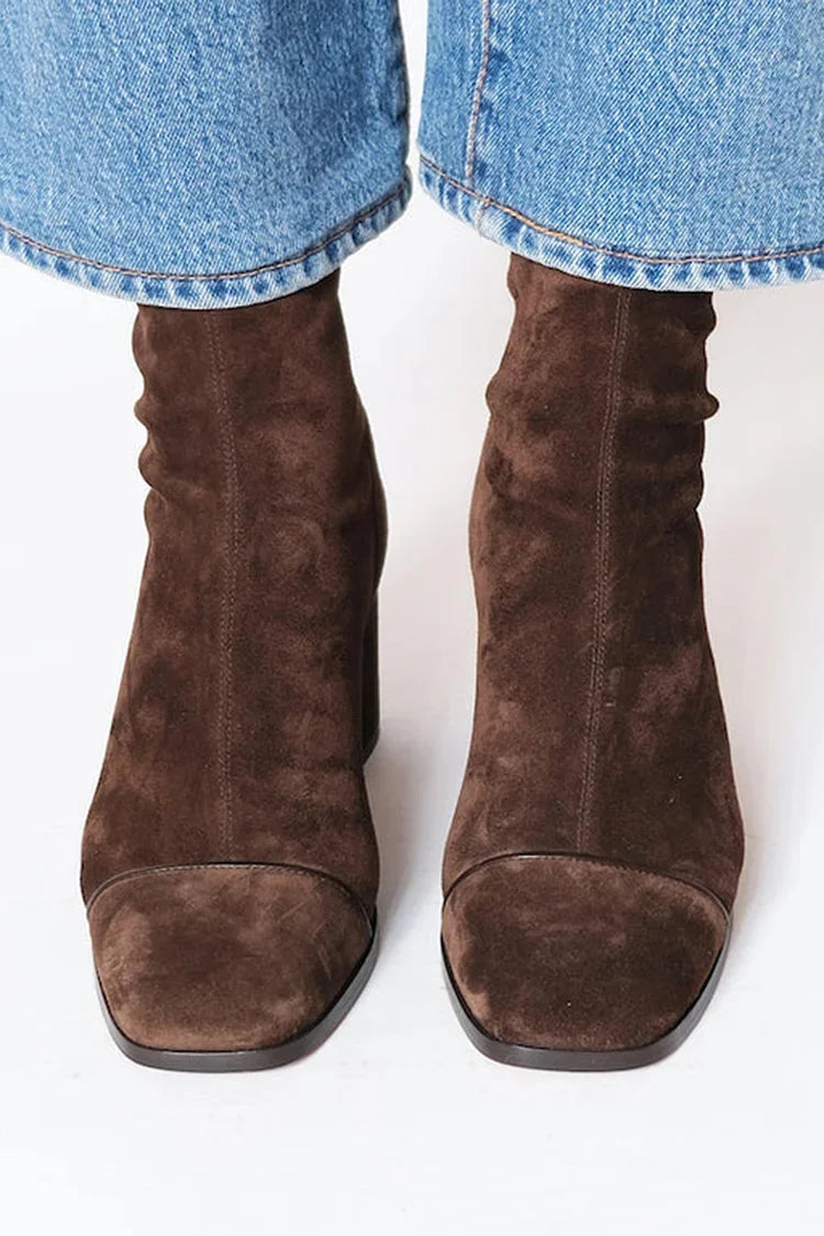 Women's suede side zip ankle boots with square toe – Dark Brown
