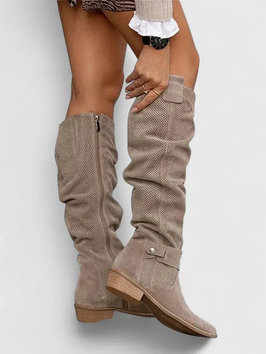 Women's suede side zip knee high boots with perforated slouchy shaft – Khaki