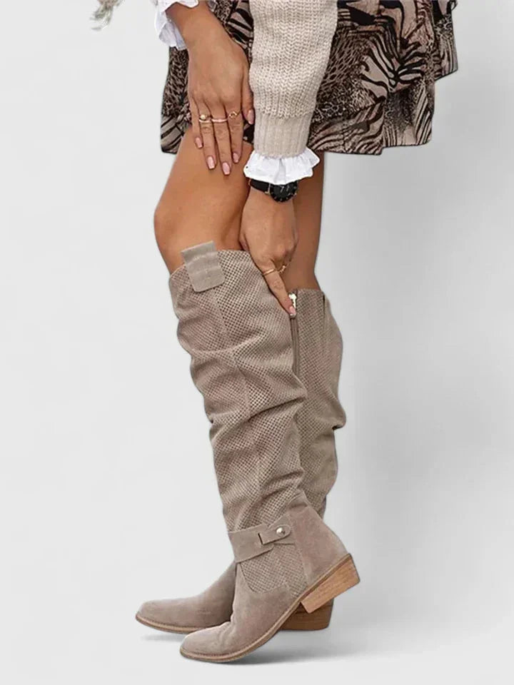 Women's suede side zip knee high boots with perforated slouchy shaft – Khaki
