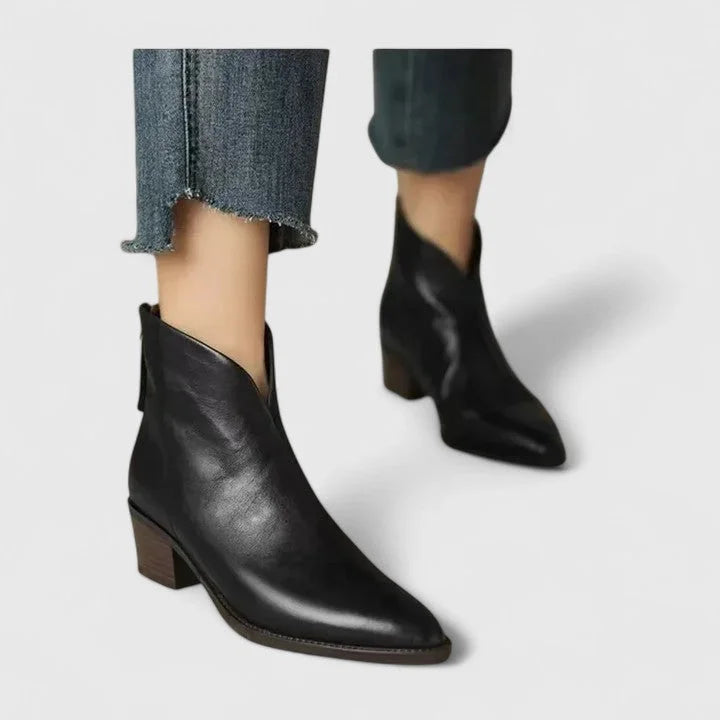 Women's faux leather side zip ankle boots with V-cut topline – Black