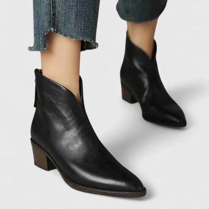 Women's faux leather side zip ankle boots with V-cut topline – Black
