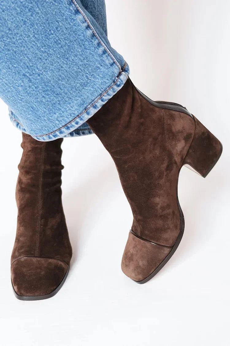 Women's suede side zip ankle boots with square toe – Dark Brown