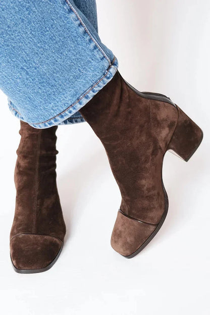 Women's suede side zip ankle boots with square toe – Dark Brown