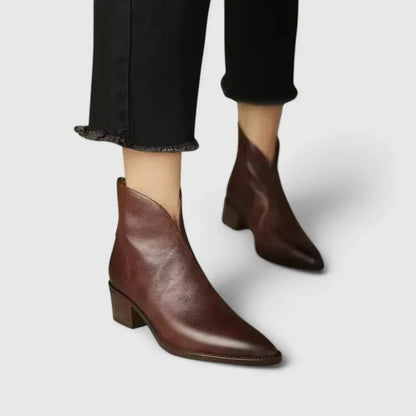 Women's faux leather side zip ankle boots with V-cut topline – Dark Brown