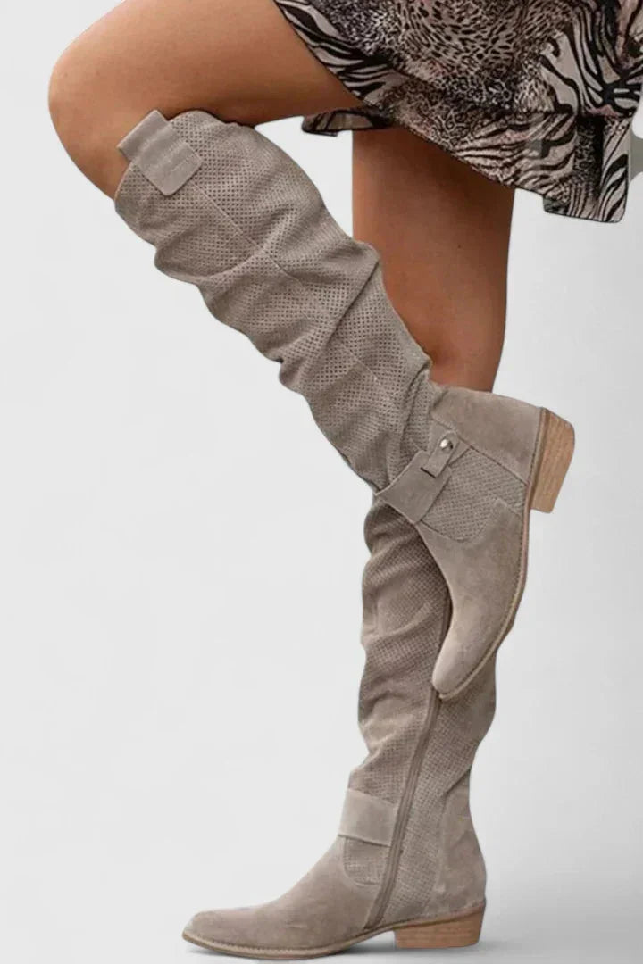 Women's suede side zip knee high boots with perforated slouchy shaft – Khaki