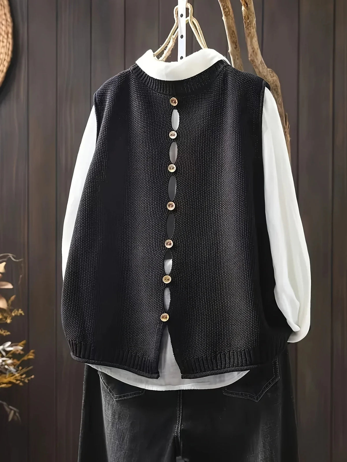 Women's knit crew neck jumper with back button placket
