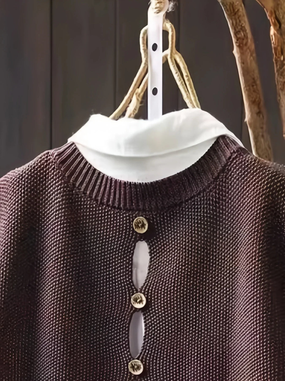 Women's knit crew neck jumper with back button placket