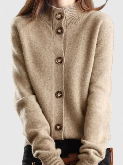Women's knit button-front collared cardigan with soft stand