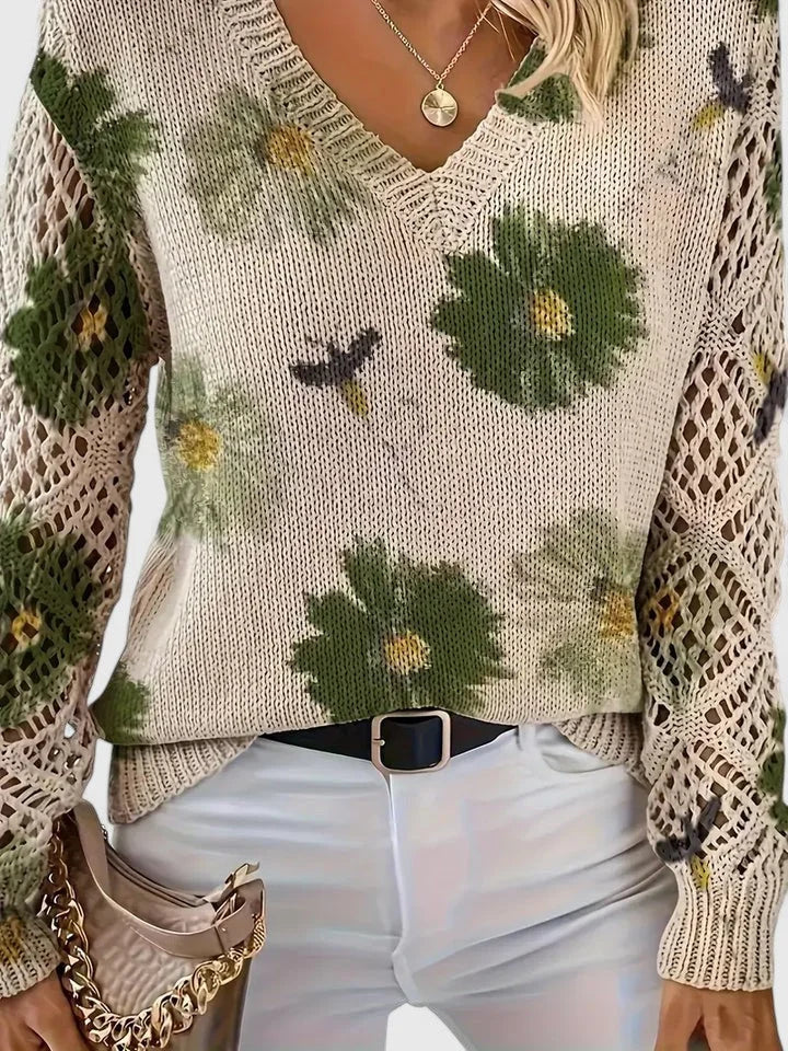 Women's floral knit cardigan with V-neck and lattice sleeves