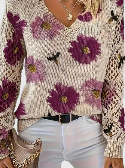 Women's floral knit cardigan with V-neck and lattice sleeves