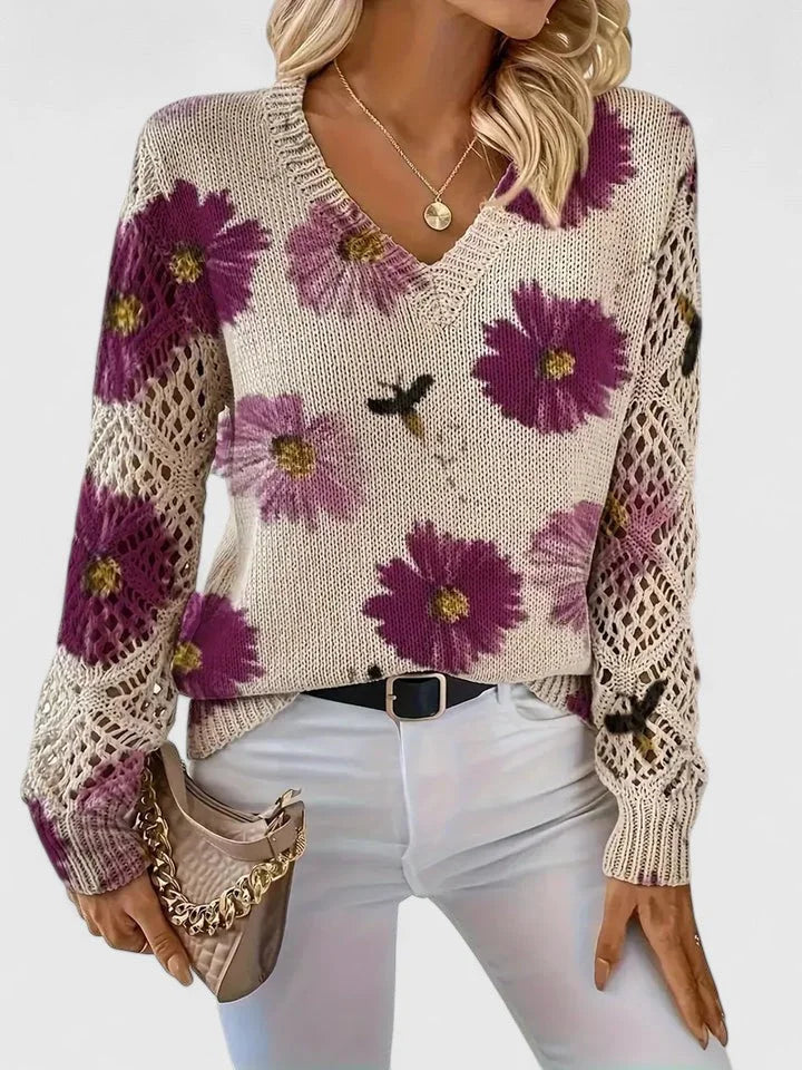 Women's floral knit cardigan with V-neck and lattice sleeves