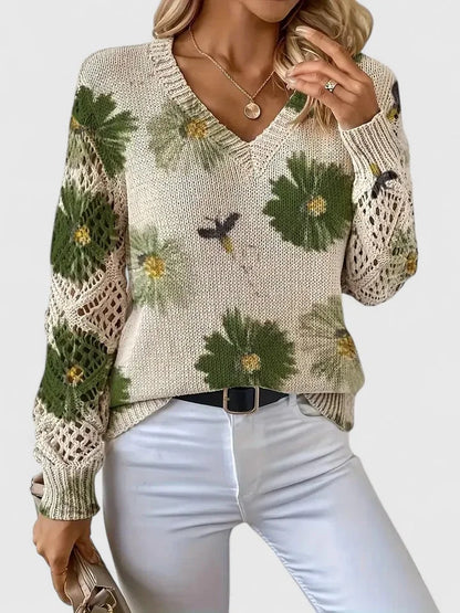 Women's floral knit cardigan with V-neck and lattice sleeves
