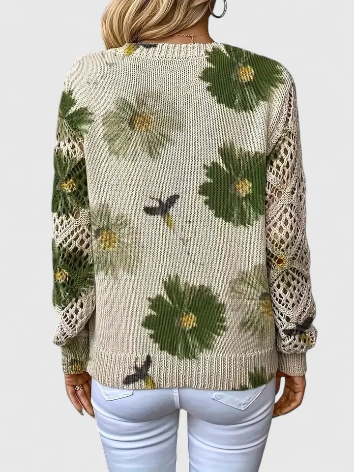Women's floral knit cardigan with V-neck and lattice sleeves