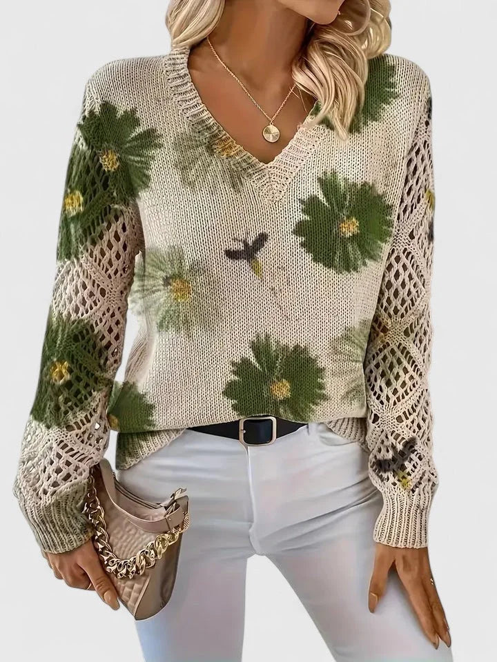 Women's floral knit cardigan with V-neck and lattice sleeves