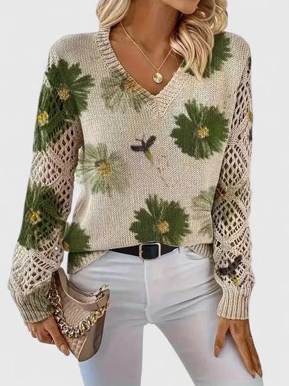 Women's floral knit cardigan with V-neck and lattice sleeves