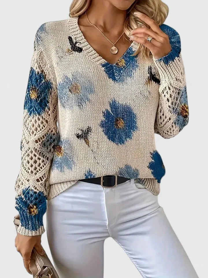 Women's floral knit cardigan with V-neck and lattice sleeves