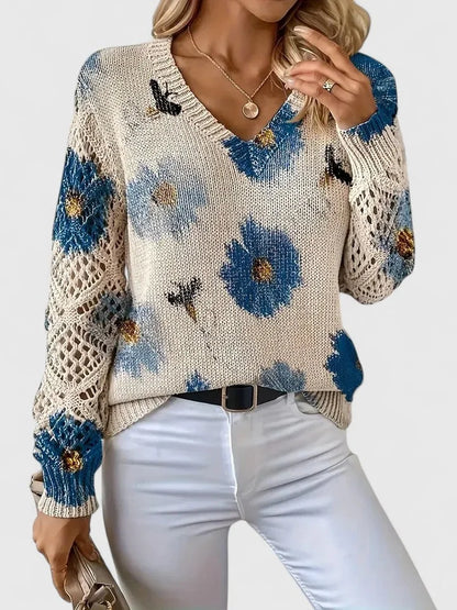 Women's floral knit cardigan with V-neck and lattice sleeves