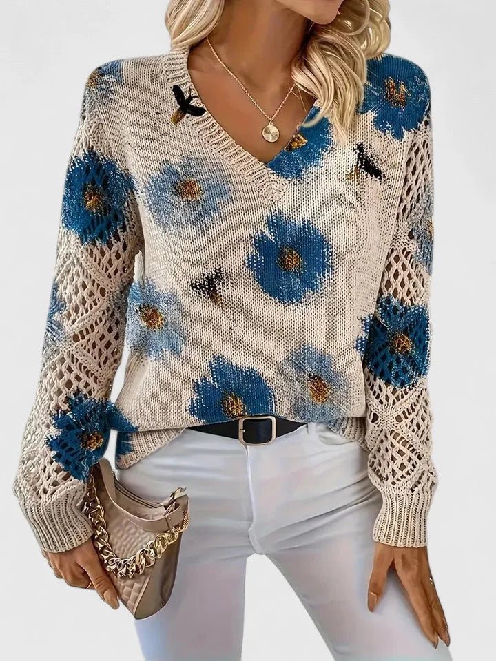 Women's floral knit cardigan with V-neck and lattice sleeves