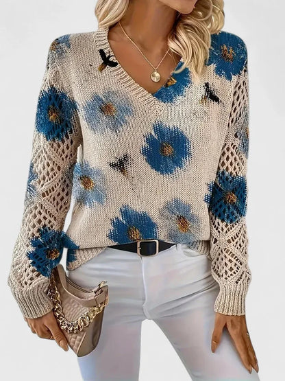 Women's floral knit cardigan with V-neck and lattice sleeves