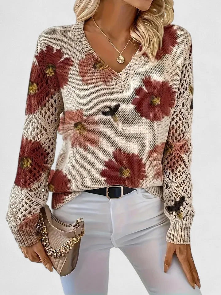 Women's floral knit cardigan with V-neck and lattice sleeves