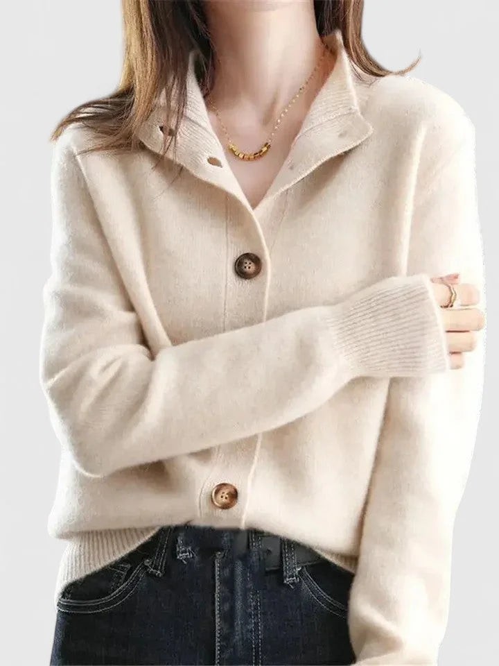 Women's knit button-front collared cardigan with soft stand – Apricot