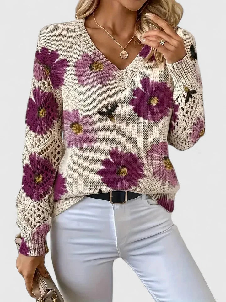 Women's floral knit cardigan with V-neck and lattice sleeves