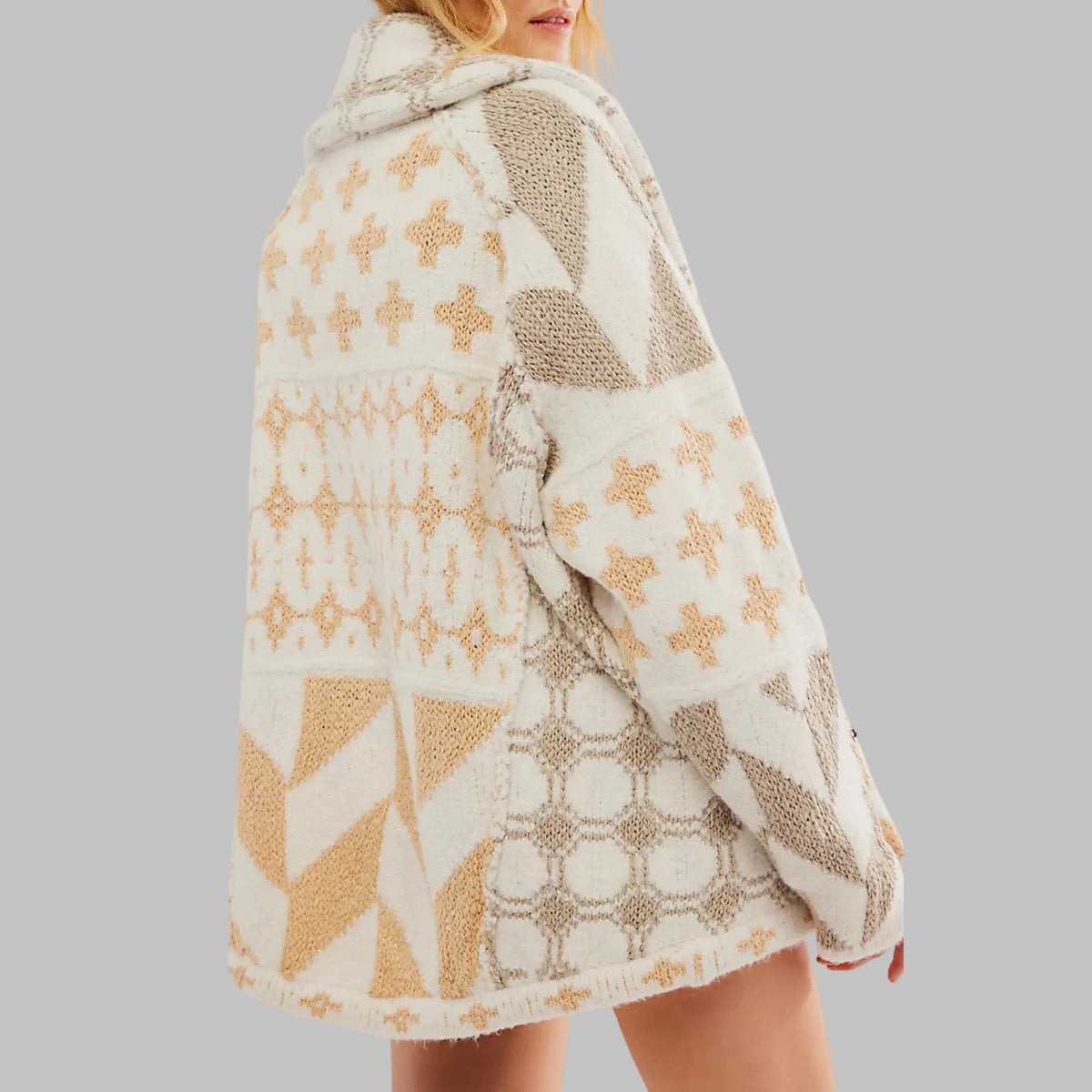 Women's knit open-front shawl collar cardigan with patchwork geometric – Beige