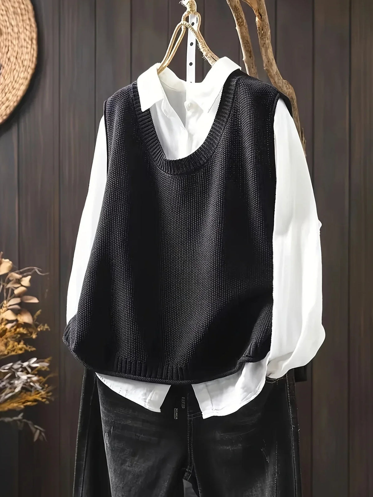 Women's knit crew neck jumper with back button placket – Black