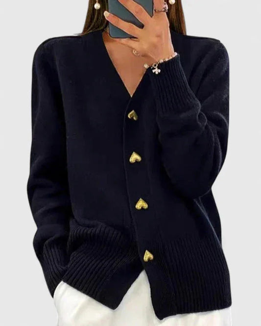 Women's knit button-front V-neck cardigan with heart – Black