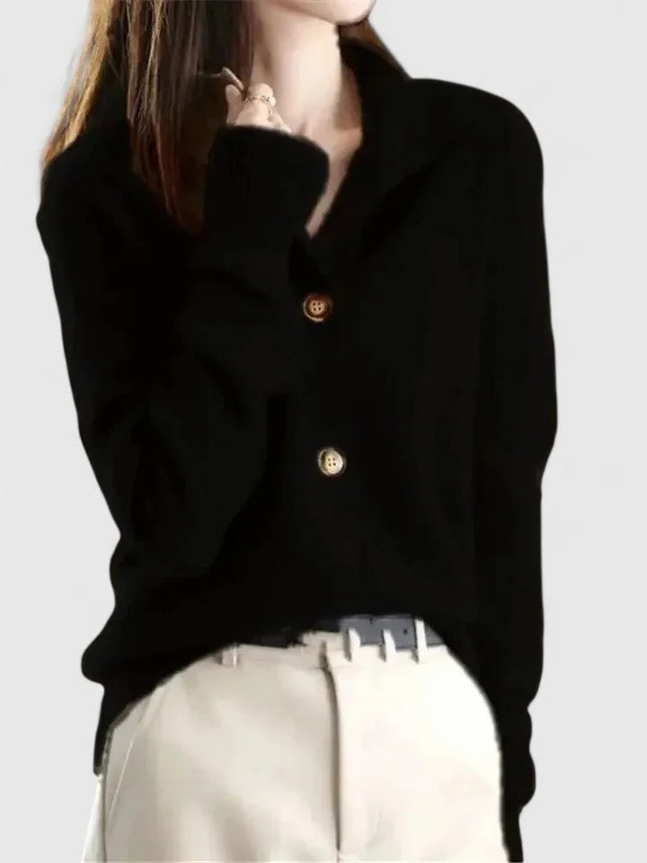 Women's knit button-front collared cardigan with soft stand – Black