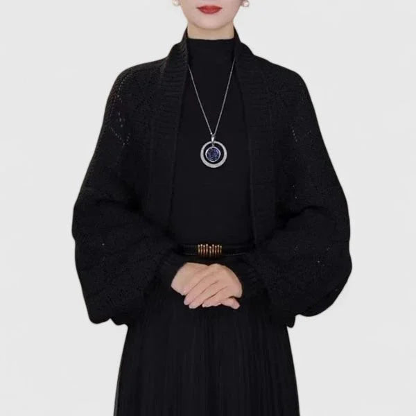 Women's knit open-front shawl collar cardigan with diamond pattern – Black