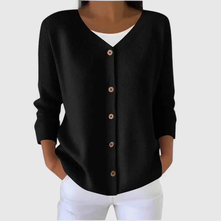 Women's knit button-front V-neck cardigan with ribbed texture – Black
