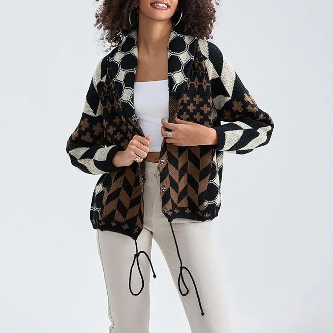 Women's knit open-front shawl collar cardigan with patchwork geometric – Black