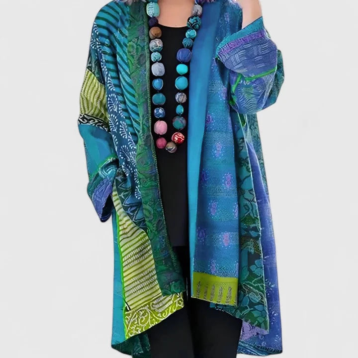 Women's open-front kimono with patchwork mixed print – Blue