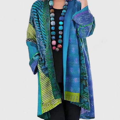 Women's open-front kimono with patchwork mixed print – Blue