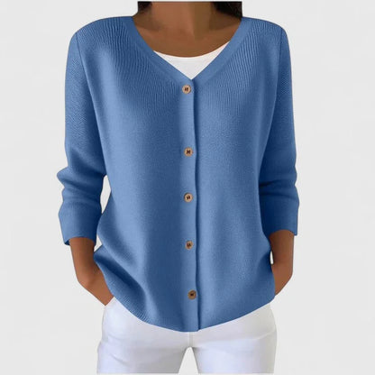 Women's knit button-front V-neck cardigan with ribbed texture – Blue